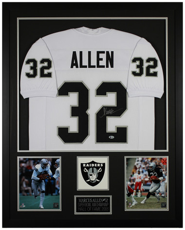 Marcus Allen Framed and Autographed White Raiders Jersey (24x30)