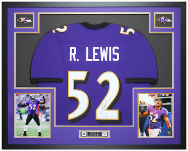 Ray Lewis Framed and Autographed White Ravens Jersey (24x30)