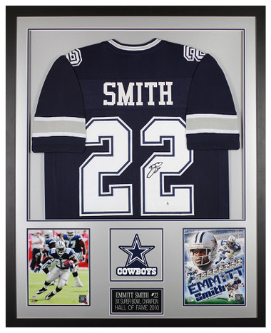 Emmitt Smith Autographed Blue Dallas Jersey - Beautifully Matted and Framed  - Hand Signed By Smith and Certified Authentic by Beckett - Includes  Certificate of Authenticity at 's Sports Collectibles Store