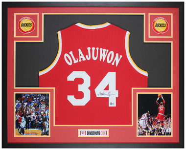 Houston Rockets Hakeem Olajuwon Autographed Framed Red Jersey JSA