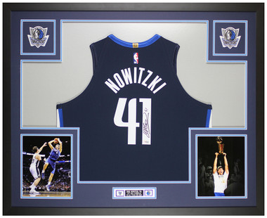 Dirk Nowitzki Autographed Blue Dallas Jersey - Beautifully Matted