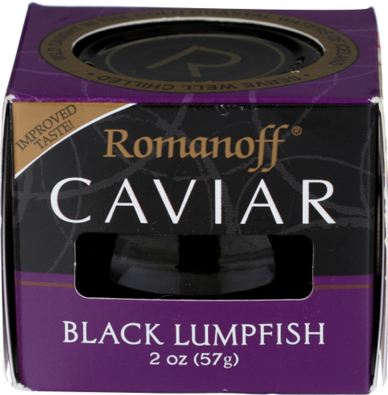 ROMANOFF BLACK LUMPFISH CAVIAR WAS WILD CAUGHT IN THE COLD COASTAL WATERS OF ICELAND FOR A PREMIUM CAVIAR THAT ROMANOFF HAS BEEN MAKING FOR OVER 175 YEARS. ONE 2 OZ. JAR OF BLACK LUMPFISH CAVIAR IS BEST SERVED SIMPLY WITH BUTTERED TOAST POINTS OR BLINIS WITH CREME FRAICHE, THIN SLICES OF RADISH AND FRESH DILL SPRIGS.

INGREDIENTS: LUMPFISH ROE, DEXTROSE, SALT, WATER, XANTHAN GUM, LEMON JUICE FROM CONCENTRATE, NATURAL FLAVOR, CARAMEL COLOR, RICE VINEGAR, RED #40, YELLOW #5, BLUE #1.