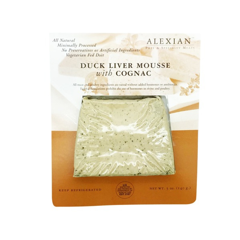 A RECENT WINNER OF A GOOD FOOD AWARD IN SAN FRANCISCO, THIS PÂTÉ IS SMOOTH AND SPREADABLE.
THE DUCK LIVER MOUSSE IS A VERSATILE FOOD THAT’S DELICIOUS WHETHER SIMPLY SPREAD ON A PIECE OF BREAD OR USED IN A MORE INTRICATE PRESENTATION.
ALL-NATURAL INGREDIENTS
NO PRESERVATIVES, HORMONES OR ANTIBIOTICS
KEEP REFRIGERATED
INGREDIENTS: DUCK, PORK, MUSHROOMS, SPECIALLY BLENDED SPICES AND A DASH OF FINE COGNAC GO INTO OUR DUCK LIVER MOUSSE PÂTÉ.
PORK FAT, DUCK LIVER, EGGS, MILK, ONIONS, COGNAC, SALT, SPICES, GARLIC, DRIED MUSHROOMS
CONTAINS EGGS AND MILK.
SIZE: 5 OZ