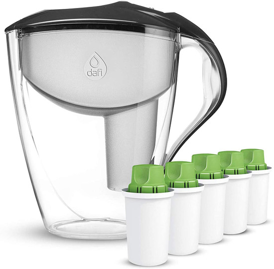 Dafi Astra LED Filtering Water Pitcher 12 Cup + Alkaline UP Water Filters 5-Pack BPA Free