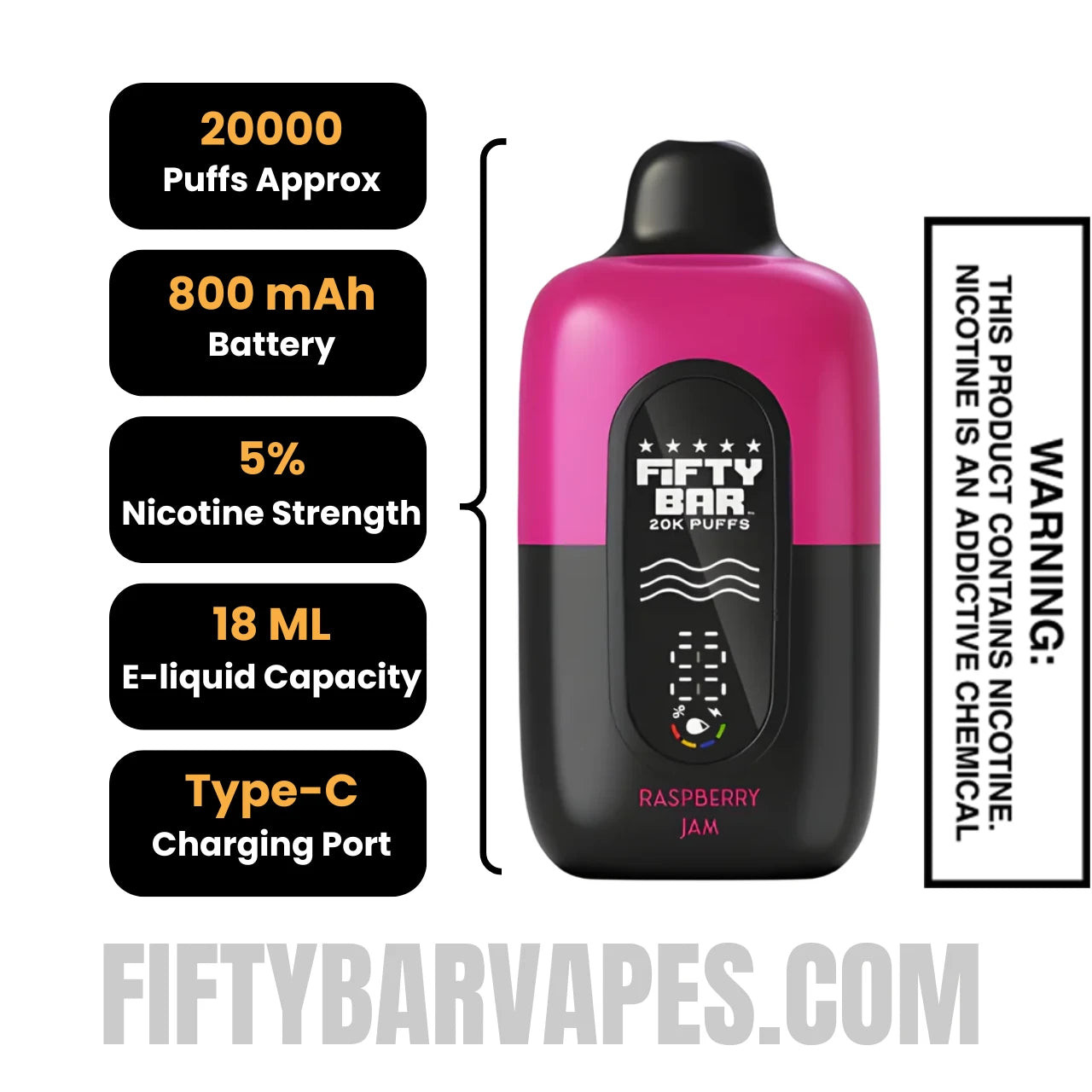 Raspberry Jam Fifty Bar 20K Disposable Vape Specifications