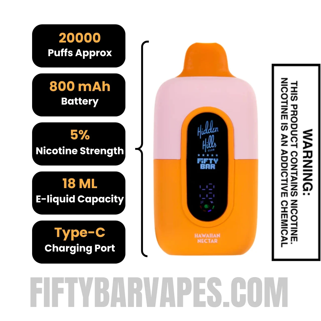Hawaiian Nectar Hidden Hills X Fifty Bar Vape Specifications