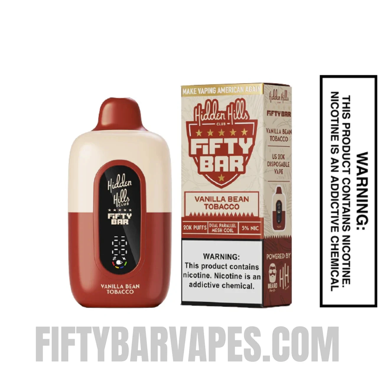 Vanilla Bean Tobacco Hidden Hills X Fifty Bar Vape With Package Box