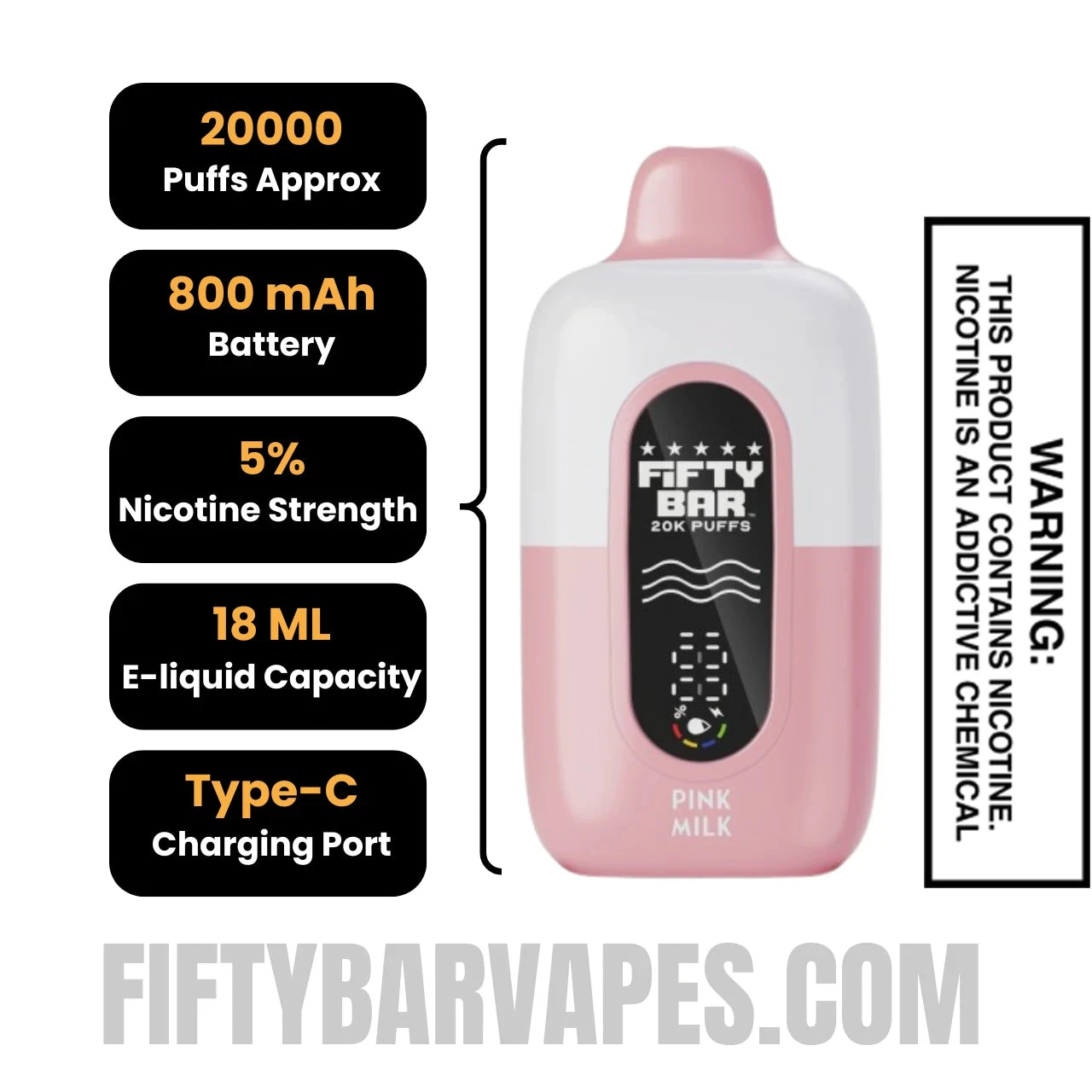 Pink Milk Hidden Hills X Fifty Bar 20k Disposable Vape Specifications