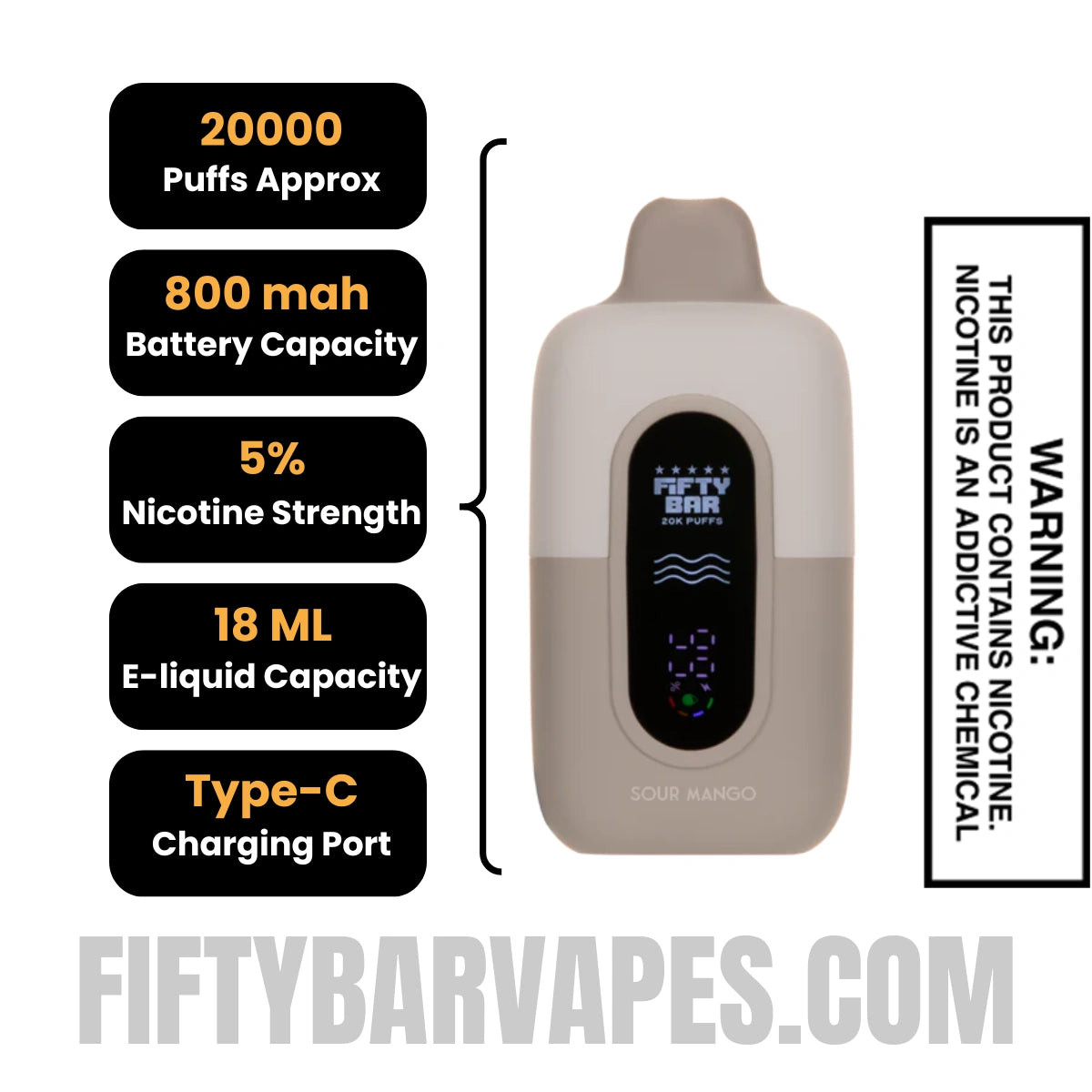 Sour Mango Fifty Bar 20K Texas Edition Disposable Vape Specifications