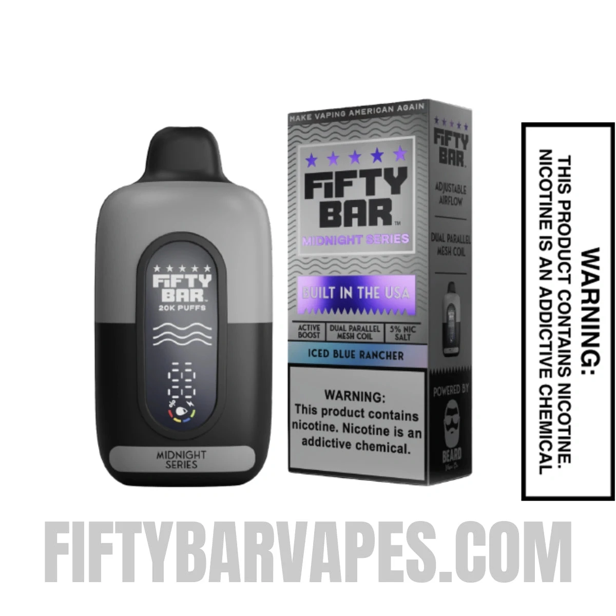 Iced Blue Rancher Fifty Bar 20K Midnight Series Disposable Vape with package box