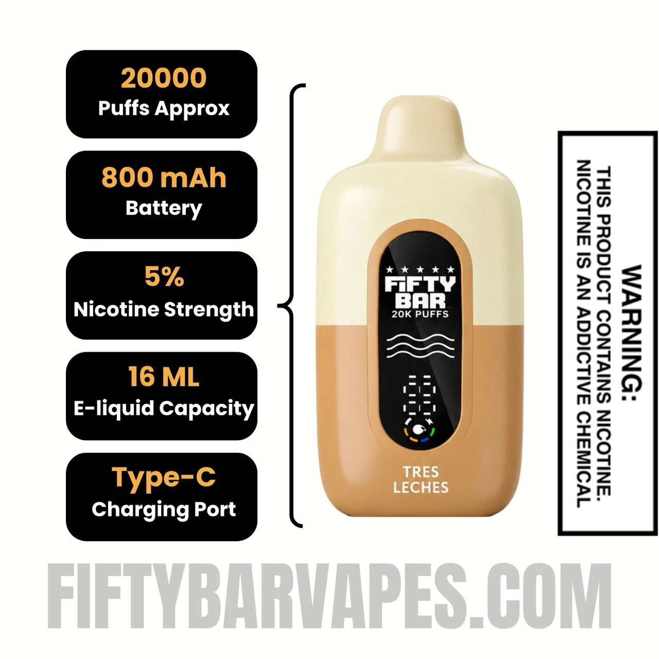 Tres Leches Hidden Hills X Fifty Bar 20k Disposable Vape Specifications