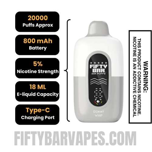 Gummy Whip Fifty Bar 20k Disposable Vape Specifications