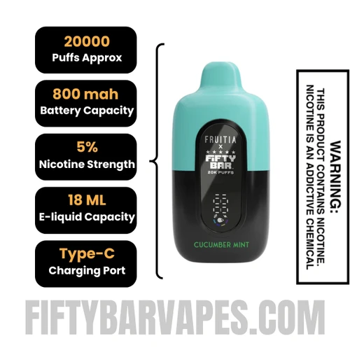 Cucumber Mint Fruitia X Fifty Bar 20K Disposable Vape Specifications