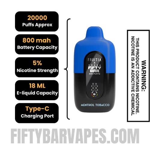Menthol Tobacco Fruitia X Fifty Bar 20K Disposable Vape Specifications