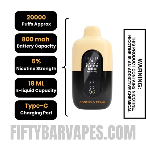 Cookies & Cream Fruitia X Fifty Bar 20K Disposable Vape Specifications
