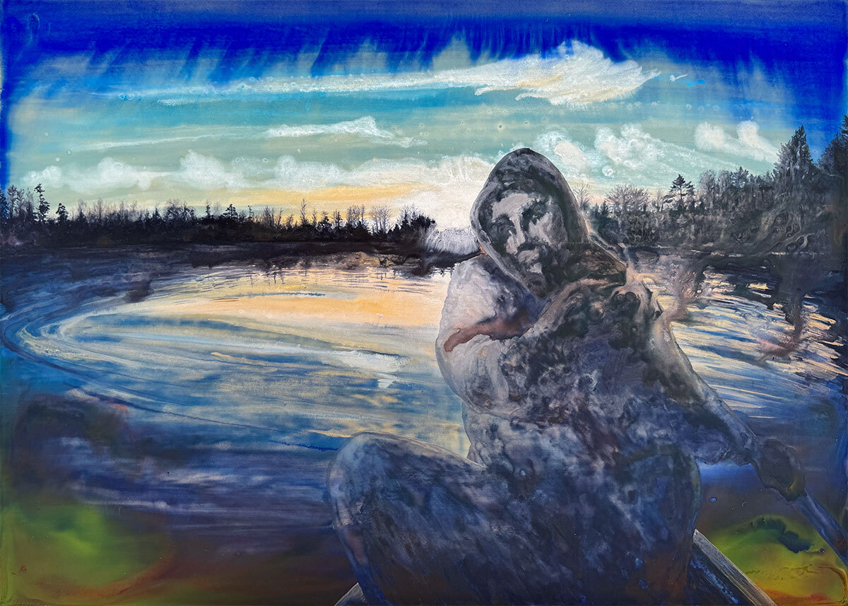 akvarel af s&oslash; der spejler tr&aelig;er