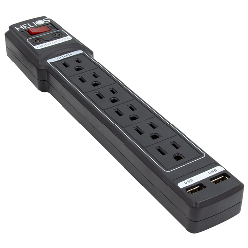 6-OUTLET 1080J SURGE PROTECTOR POWER STRIP WITH 2 USB 2.1A, STRAIGHT PLUG, 6FT (BLACK)