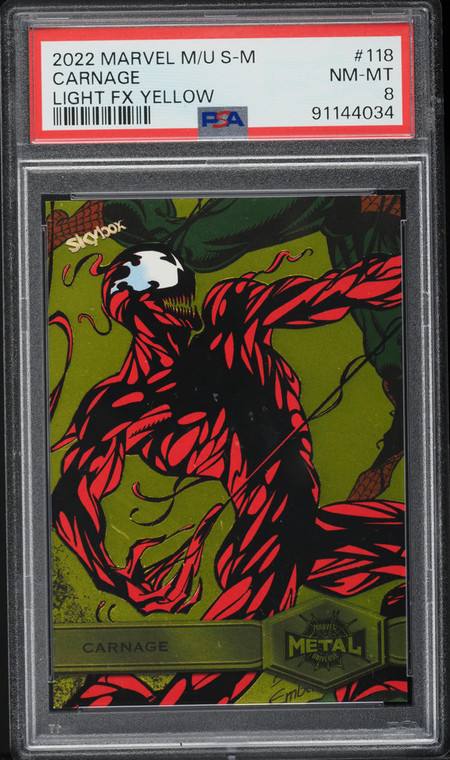 2022 Marvel Metal Universe Spider-Man Light FX Yellow Carnage #118 PSA 8 NM-MT