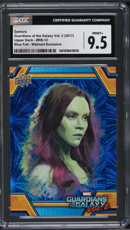 Gamora Guardians of the Galaxy Vol 2. (2017) UD - #RB-12 Blue Foil - Walmart Exclusive CGC 9.5 Mint+ Gamora Guardians of the Galaxy Vol 2. (2017) UD - #RB-12 Blue Foil - Walmart Exclusive CGC 9.5 Mint+