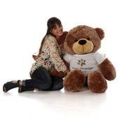 Sunny Cuddles Mocha Brown Personalized Teddy Bear 48in with Paw Stamp T-shirt