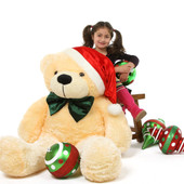 Life Size Cream Teddy Bear Cozy Cuddles 48in with Christmas Hat from Giant Teddy Brand
