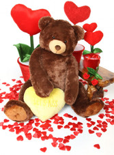 52in Jumbo Smooches Heart Tubs LETS KISS Yellow Heart Dark Caramel Teddy Bear