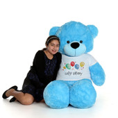 5ft Giant Teddy Bear Blue Happy Cuddles in Happy Birthday T-Shirt From Giant Teddy Brand