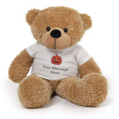 Personalized Giant Halloween Teddy Bear 24” Shaggy Cuddles wears your custom message on a Jack-o-lantern t-shirt