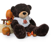 60 inch Giant Teddy Halloween Bear Brownie Cuddles wearing a Happy Halloween custom t-shirt with a black and orange jack-o-lantern is an amazing gift!