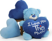 Marty Shags is a sweet light blue bear with a huge “I Love You This Much!” royal blue plush heart – 35in