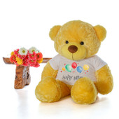 4 ft Life Size Happy smiling Yellow Teddy Bear snuggly  Daisy Cuddles family Giant Teddy wearing Happy Birthday T-shirt.