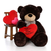 5ft Brownie Cuddles Giant Teddy Dark Brown Bear with "Will You Be My Valentine?" pillow