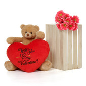 2ft Honey Tubs Valentine's Day Amber Brown Bear with Red Heart Pillow