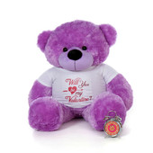 4ft Huge Life Size Purple Valentine’s Day Teddy Bear Dee Dee Cuddles wearing a “Will You Be My Valentine?” Shirt