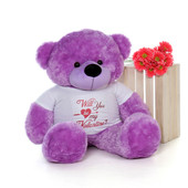 48in Valentine’s Day Teddy Purple Bear Dee Dee Cuddles wearing a “Will You Be My Valentine?” Shirt