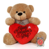 38in Oversized Teddy Bear Shaggy Cuddles Amber Brwon with Happy Valentine's Day Red Plush Heart Pillow