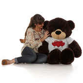 4ft Brownie Cuddles Giant Chocolate Brown Teddy Bear in Red Heart Happy Valentine's Day T-Shirt (Choose your message)
