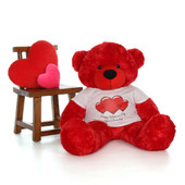 4ft Bitsy Cuddles Red Giant Teddy Bear in Red Heart Happy Valentine's Day T-Shirt (Choose your message)