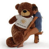 5 ft Sunny Cuddles Mocha Brown Giant Teddy Bear in a Personalized Paw stamp T-Shirt