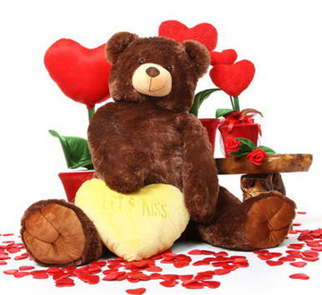 Jumbo Smooches Heart Tubs LETS KISS Yellow Heart Dark Caramel Teddy Bear 52in