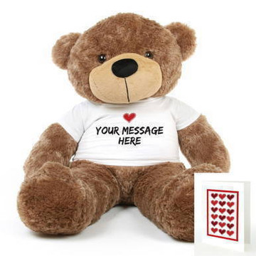 48in Big Mocha Brown Sunny Cuddles 48 inch Personalized Teddy Bear with Heart Stamp T-shirt
