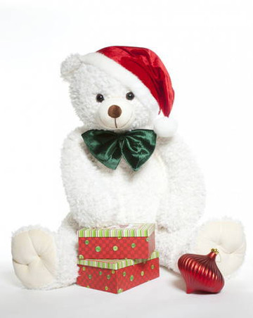 Wishing you a White Teddy Bear Christmas!  42 inch Bell Woolly Tubs bear in Santa hat.
