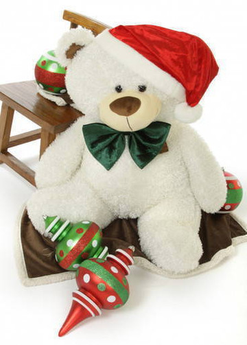 Wishing you a White Teddy Bear Christmas! 45” Frosty Fluffy Shags bear with Santa hat and bow tie.