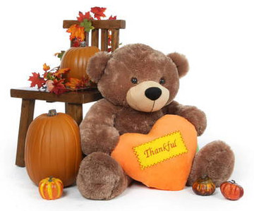 38 inch Sunny Cuddles sends a great Thanksgiving message with his plush orange Thankful heart, perfect for gifts.