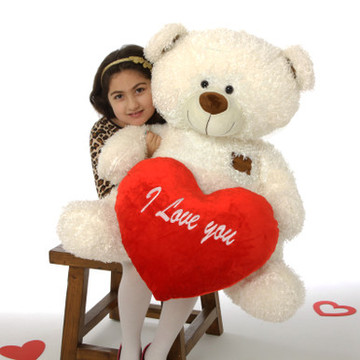 35in White Teddy Bear Fluffy Shags with red “I Love you” heart and red bowtie