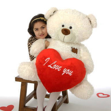 35in White Teddy Bear Fluffy Shags with red “I Love you” heart and red bowtie