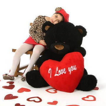45in Life Size Black Teddy Bear Ricardo Fluffy Shags with red “I Love you” heart and red bowtie