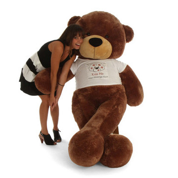 6ft Life Size Personalized Valentine’s Day Teddy Bear Sunny Cuddles mocha brown fur ‘Kiss Me’ shirt