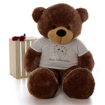 5ft Mocha Sunny Cuddles teddy bear in Happy Mothers Day shirt with hugging bears design