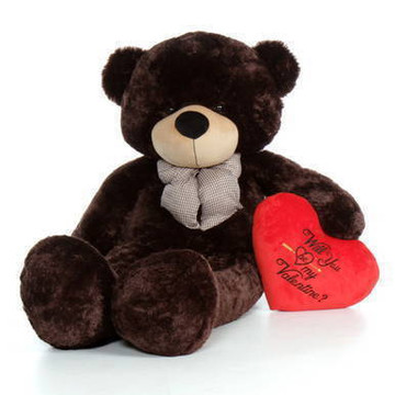60in Chocolate Brown Valentine’s Day Teddy Bear Brownie Cuddles with red heart “Will You Be My Valentine?” pillow